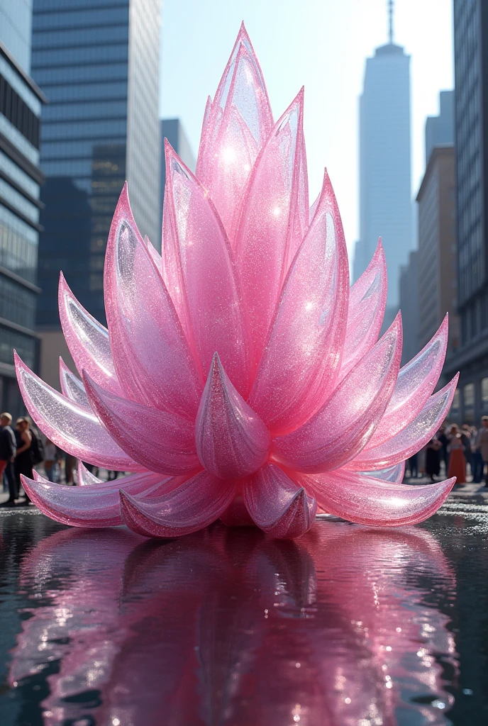 TRANSPARENT PINK CRYSTALLIZED CASTLE IN THE SHAPE OF A LOTUS.
IN THE CENTER OF
A CITY
