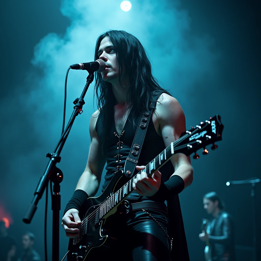 A sexy young male, with long black hair, teal blue eyes, long eyelashes, and delicate and pretty, handsome features. Dressed in all gothic clothes. In a metal band, singing and playing electric guitar. (No facial or body hair) seductive, pretty. The overall look is very erotic.
((Best quality)), ((masterpiece)), 8k (detailed), ((perfect face)) ((fullbody)), perfect proportions.