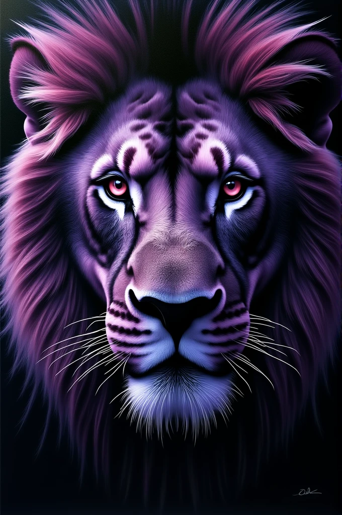 The lion's face in sharp lines in black violet style