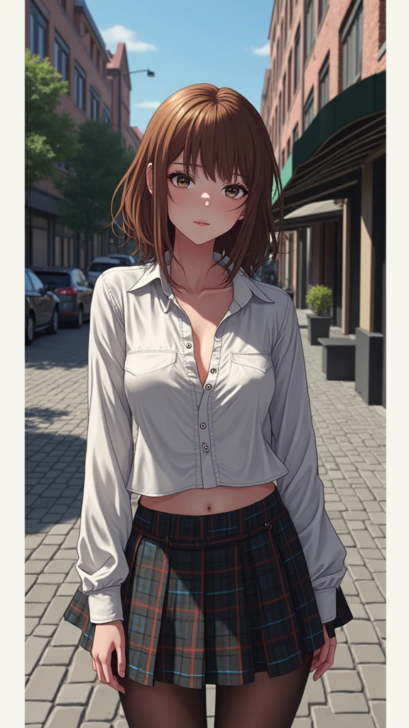 (((There is one girl:1.5)))，Mary R.，(((A tall high school girl with a model figure)))，Perfect proportions，(Standing facing this)，Full body photography，(wide thighs, Very long legs)，Fleshy，Mid-chest，(((Cleavage)))，Breast enlargement，swelling of the nipples，Unbutton your shirt，Loafer Asterpiece on the ground:1.3)，((8k, Photorealistic:1.4，Surreal，RAW Photos, highest quality: 1.4，Ultra high definition，Super detailed)), Beautiful Face，(Realistic face)，(Brown's shortcuts:1.3)，Short Hair，Disheveled Hair，Fluffy hair, Cat Ears，Detailed eyes，Realistic beautiful skin，Golden Ratio，Super cute，Open your mouth a little，smile，High school girl in summer clothes，White shirt，Sweaty，Wetty，(Wet shirt)，See-through shirt，Light clothing，Surreal school girl，pleated micro mini skirt，Checkered micro mini skirt，Pleated miniskirt with tartan check，((I can see your panties！！))，pantyhose，(Black Stockings)，((Knee-high stockings))，loafers，Esbian all over，High school girl wearing JK uniform，Sexy pose，Anatomically accurate body，Precisely drawn fingers，