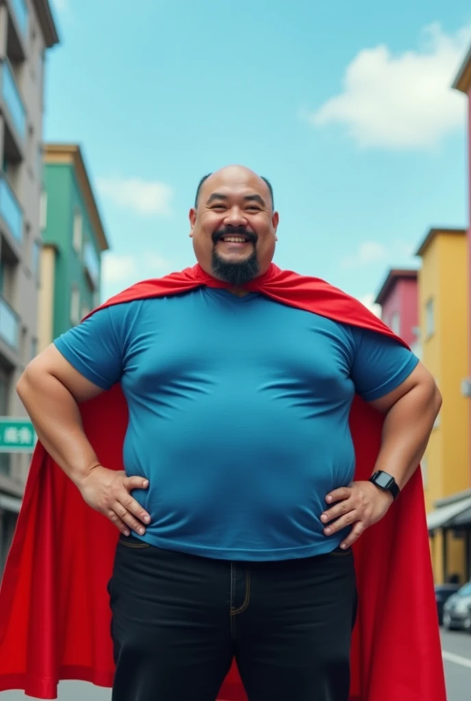 Bald, fat Chinese man with a mustache and beard, wearing a superhero cape. 
