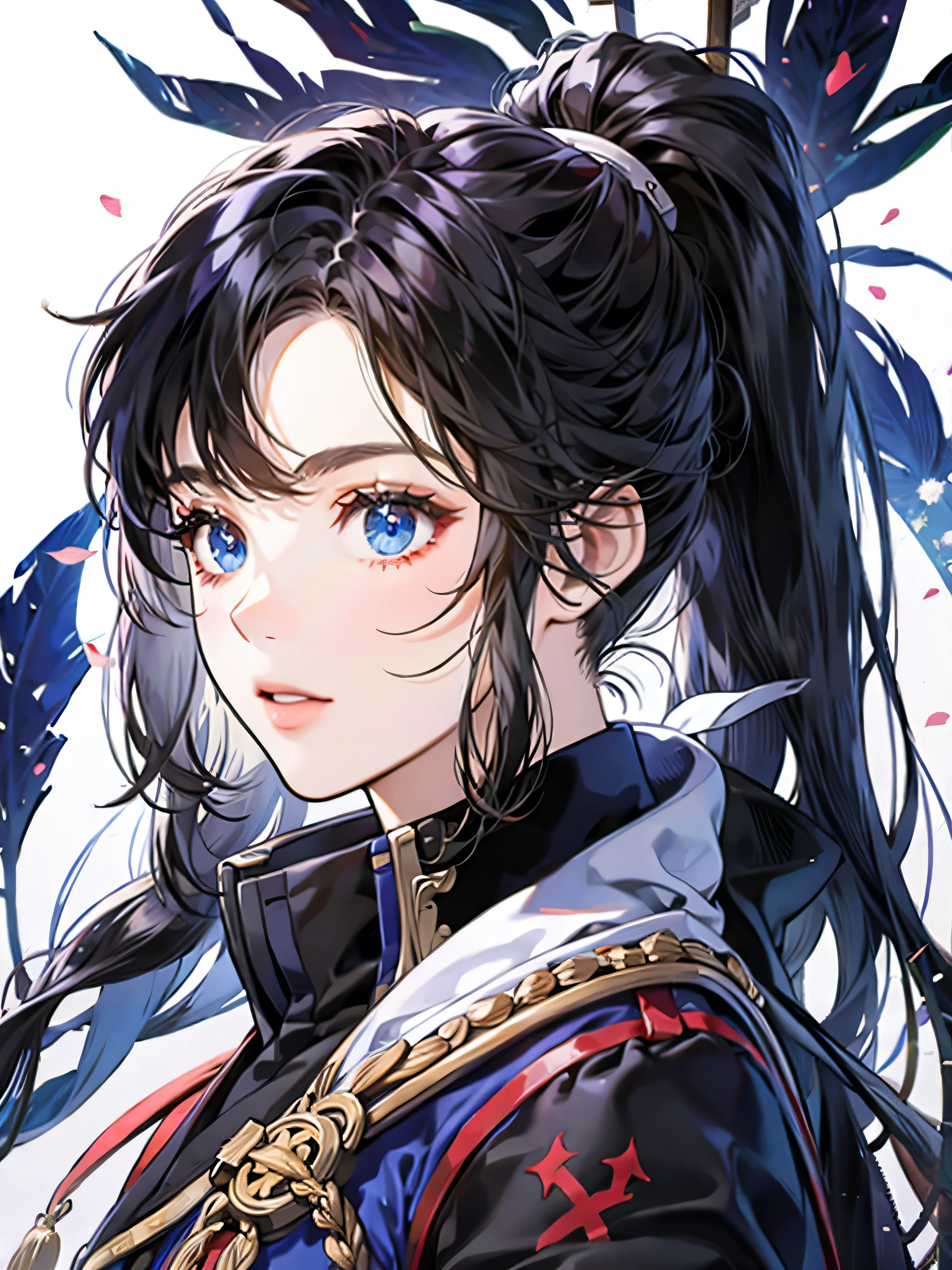 Girl with long black hair (ponytail), (With bangs) Wearing military uniform, blue eyes, Looking into the camera, front, (White Background), Character portrait, Attention to detail, Highest quality,