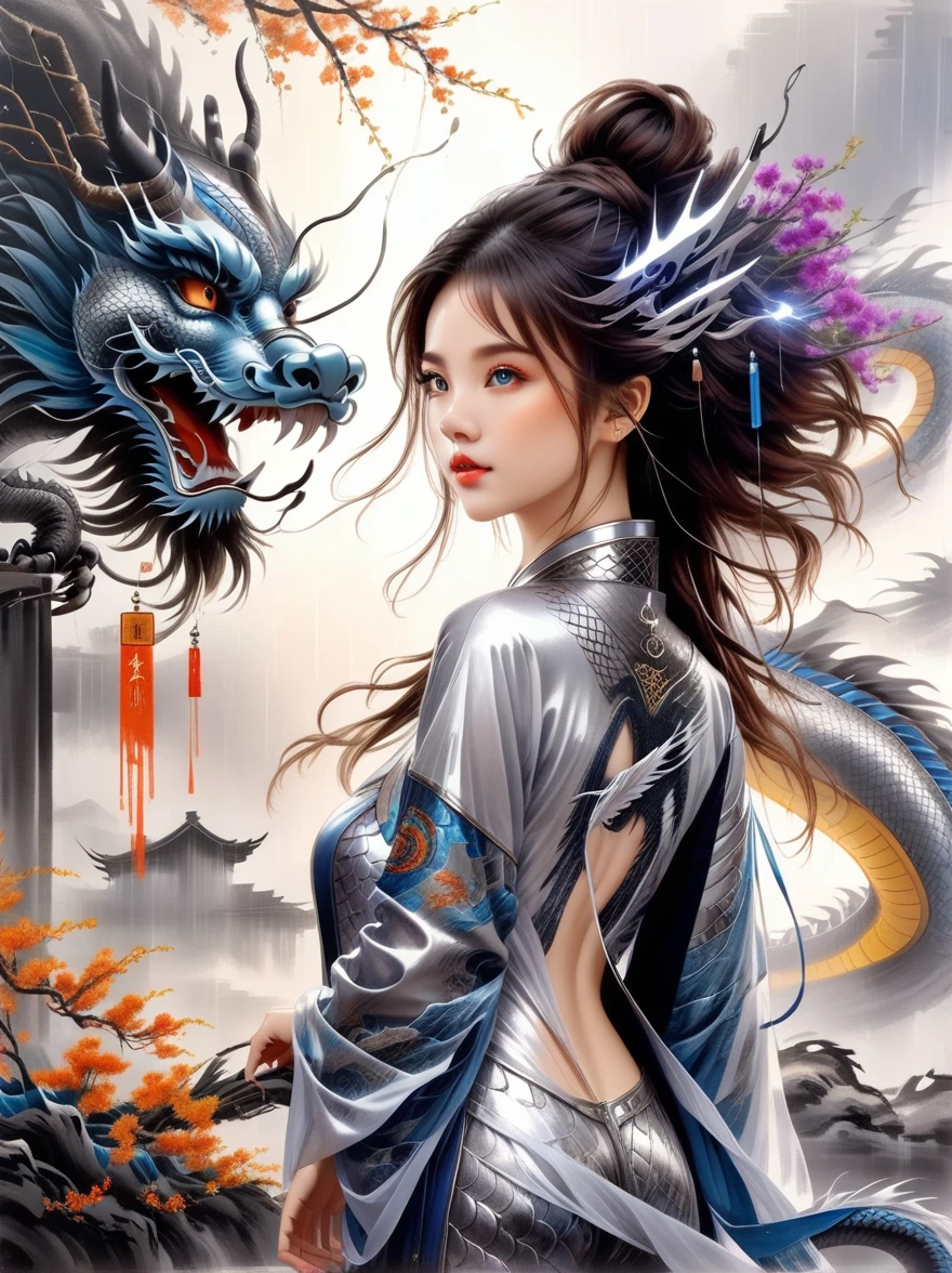 Masterpiece of Chinese style, shine, Traditional Chinese ink painting, Willow Branch, Wu Chang Suo, 1 woman, small breasts, Beautifully detailed eyes, Beautiful details Cyberpunk City, Flat chest, Beautifully detailed hair, Wavy hair, Beautifully detailed roads, Mecha clothes, Robot Girl, Cool movements, Silver bodysuit, (Line pattern), dragon wings, colorful background, Dragon standing behind the girl, rainy day, (Lightning effects), Beautifully detailed silver dragon armor, (Cold face), component, Vibrant colors, Stunning visual effects, Appearance, Stunning art, Eyes on the viewer, high resolution, Superb details, realistic, illustration, first person view, ((Masterpiece)), best quality, correctตามหลักกายวิภาคศาสตร์, correct, 8ก, best quality, 8ก, Masterpiece