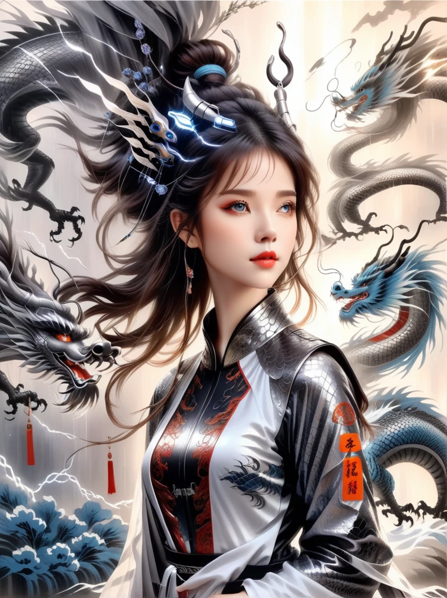 Masterpiece of Chinese style, shine, Traditional Chinese ink painting, Willow Branch, Wu Chang Suo, 1 woman, small breasts, Beautifully detailed eyes, Beautiful details Cyberpunk City, Flat chest, Beautifully detailed hair, Wavy hair, Beautifully detailed roads, Mecha clothes, Robot Girl, Cool movements, Silver bodysuit, (Line pattern), dragon wings, colorful background, Dragon standing behind the girl, rainy day, (Lightning effects), Beautifully detailed silver dragon armor, (Cold face), component, Vibrant colors, Stunning visual effects, Appearance, Stunning art, Eyes on the viewer, high resolution, Superb details, realistic, illustration, first person view, ((Masterpiece)), best quality, correctตามหลักกายวิภาคศาสตร์, correct, 8ก, best quality, 8ก, Masterpiece