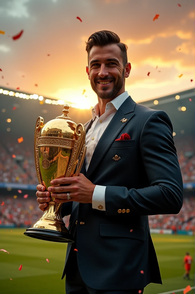 Male model at the Estadio Monumental with the Copa Libertadores dressed as a millionaire