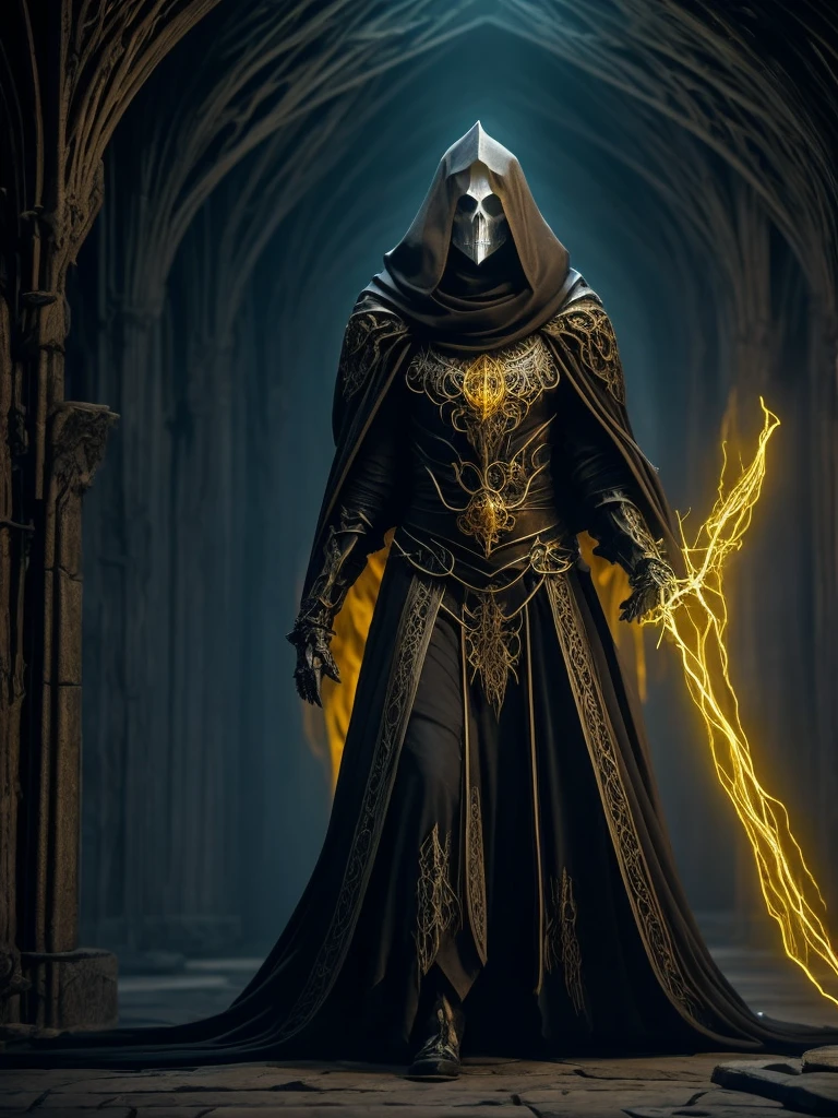 A Moira, a Weaver of Fate, They appear as a monstrous woman with an ancient, skeletal appearance., She wears a white mask. Her skin is wrinkled and pale, marked by dark veins that speak of an ancient power. She is enveloped in long black robes, undulating like living shadows, adorned with arcane sigils that glow with a faint silvery light.
In your skeletal hands, hold black and gold threads, thin as silk, each representing the life of a living being. Their eyes, a penetrating yellow, see through the veil of time and fate, loaded with ancient and disturbing wisdom.
The Moira reside in a timeless space, maybe a cave or a stone room, illuminated only by the sigils on their cloaks and the ethereal glow of the threads they weave. The surrounding atmosphere is thick and palpable, impregnated by the constant presence of inevitable fate.