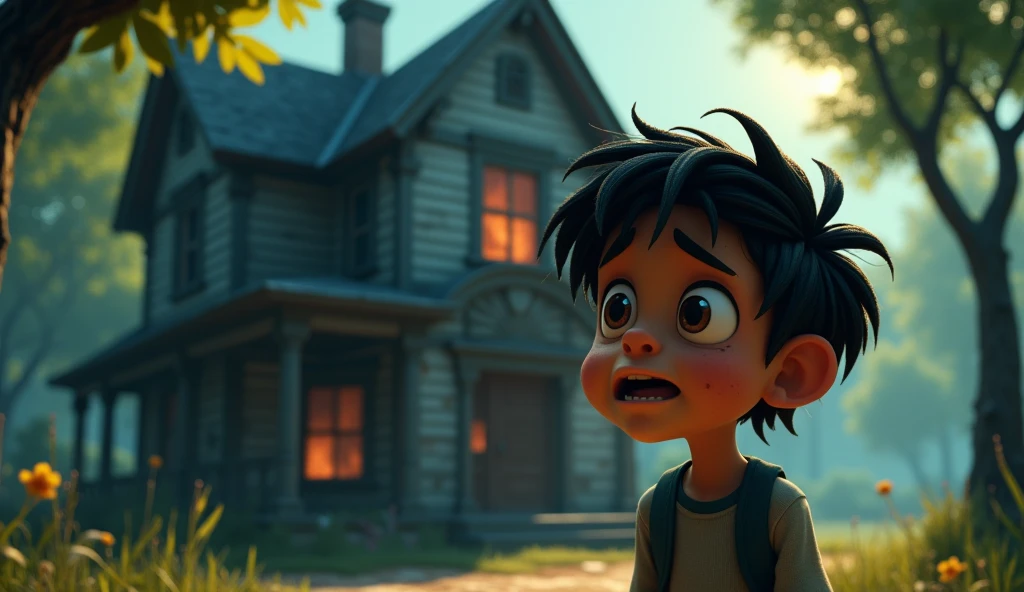 Dimas managed to escape the old house, but the terrifying experience left a deep scar in his life. He knew that not all horror stories were just myths, and sometimes, there are things better left unexplored.
 ( animasi, cartoon, light effect, lighting is smooth, in 3d animation )