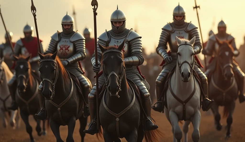 A highly realistic, high-contrast, 8K HD, detailed, hyper-detailed image of medieval knights advancing on horseback. The knights, clad in steel armor with lion emblems on their tunics and helmets fully covering their faces, ride powerful warhorses as they move forward in formation. Their swords are sheathed at their sides, and their armor gleams in the light as they lead the march. The horses are strong and determined, matching the resolve of the knights who ride them. The atmosphere is filled with anticipation and strength, capturing the unity and power of the knights as they advance towards the battle. The image is of the highest quality, with ultra-high resolution, RAW photo quality, and Unreal Engine rendering, showcasing the majestic sight of the knights and their warhorses as they march with purpose, with the lion emblem prominently displayed on their armor.
