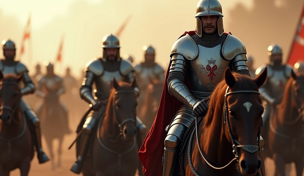 A highly realistic, high-contrast, 8K HD, detailed, hyper-detailed image of medieval knights advancing on horseback. The knights, clad in steel armor with lion emblems on their tunics and helmets fully covering their faces, ride powerful warhorses as they move forward in formation. Their swords are sheathed at their sides, and their armor gleams in the light as they lead the march. The horses are strong and determined, matching the resolve of the knights who ride them. The atmosphere is filled with anticipation and strength, capturing the unity and power of the knights as they advance towards the battle. The image is of the highest quality, with ultra-high resolution, RAW photo quality, and Unreal Engine rendering, showcasing the majestic sight of the knights and their warhorses as they march with purpose, with the lion emblem prominently displayed on their armor.