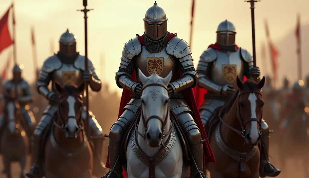 A highly realistic, high-contrast, 8K HD, detailed, hyper-detailed image of medieval knights advancing on horseback. The knights, clad in steel armor with lion emblems on their tunics and helmets fully covering their faces, ride powerful warhorses as they move forward in formation. Their swords are sheathed at their sides, and their armor gleams in the light as they lead the march. The horses are strong and determined, matching the resolve of the knights who ride them. The atmosphere is filled with anticipation and strength, capturing the unity and power of the knights as they advance towards the battle. The image is of the highest quality, with ultra-high resolution, RAW photo quality, and Unreal Engine rendering, showcasing the majestic sight of the knights and their warhorses as they march with purpose, with the lion emblem prominently displayed on their armor.
