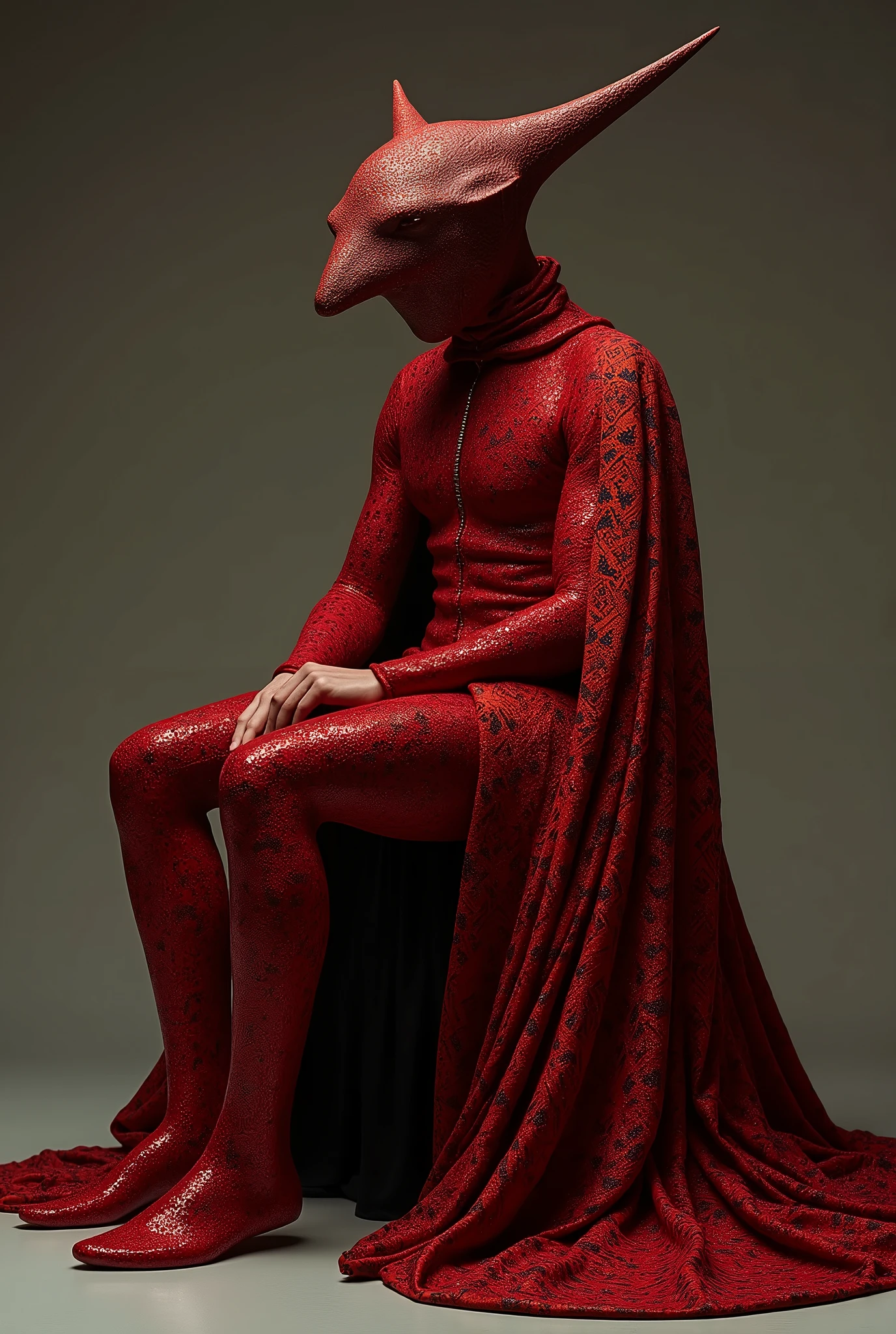 A figure draped in a shimmering red garment with a unique geometric pattern. The garment has a pointed, elongated structure extending from the head, resembling a helmet or mask. The figure is seated, with one leg extended forward and the other bent. The background is muted, emphasizing the figure and the garment., fashion