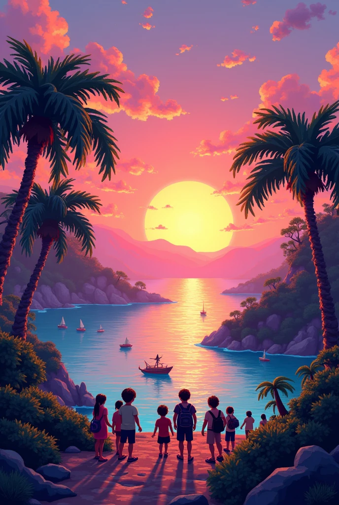 detailed pixel art,3d pixel art,4k wallpaper,incredibly detailed pixel art,pixel art,vaporwave,highly detailed unreal engine pixel art,sunset,landscape,tourist scene,colorful,vibrant colors,dynamic lighting,intricate details,atmospheric,cinematic,beautiful scenery,serene,peaceful,stunning,photorealistic,masterpiece
