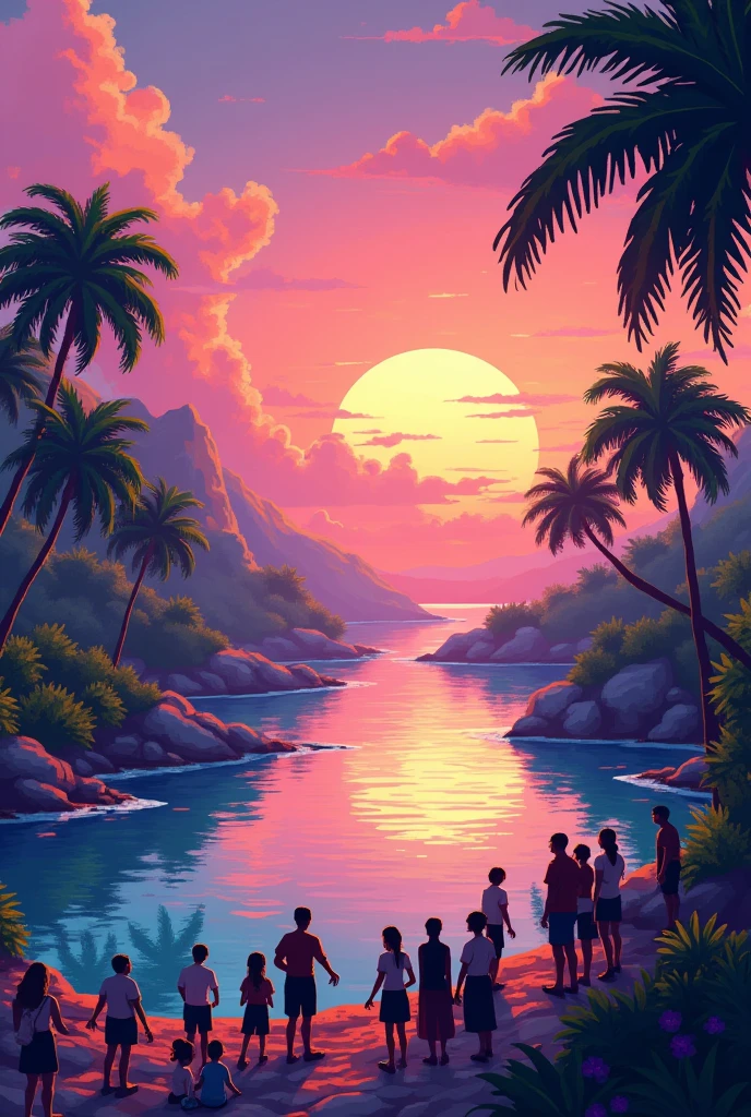 detailed pixel art,3d pixel art,4k wallpaper,incredibly detailed pixel art,pixel art,vaporwave,highly detailed unreal engine pixel art,sunset,landscape,tourist scene,colorful,vibrant colors,dynamic lighting,intricate details,atmospheric,cinematic,beautiful scenery,serene,peaceful,stunning,photorealistic,masterpiece