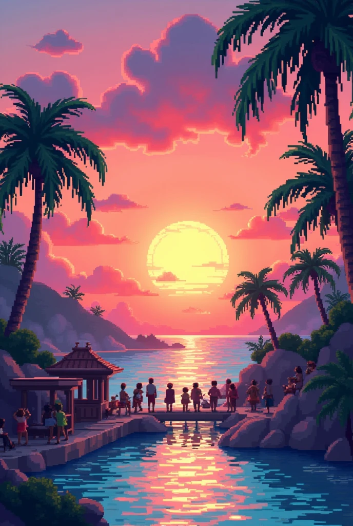 detailed pixel art,3d pixel art,4k wallpaper,incredibly detailed pixel art,pixel art,vaporwave,highly detailed unreal engine pixel art,sunset,landscape,tourist scene,colorful,vibrant colors,dynamic lighting,intricate details,atmospheric,cinematic,beautiful scenery,serene,peaceful,stunning,photorealistic,masterpiece