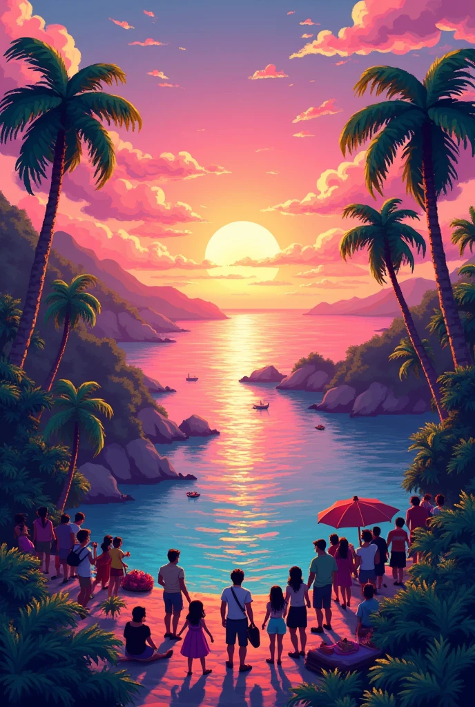detailed pixel art,3d pixel art,4k wallpaper,incredibly detailed pixel art,pixel art,vaporwave,highly detailed unreal engine pixel art,sunset,landscape,tourist scene,colorful,vibrant colors,dynamic lighting,intricate details,atmospheric,cinematic,beautiful scenery,serene,peaceful,stunning,photorealistic,masterpiece