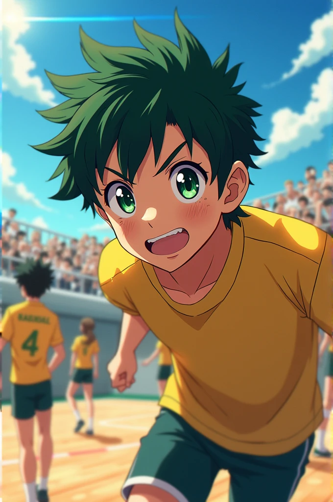 create an image of a male anime character, with dark green eyes, pink mouth, with some freckles and wavy hair, in the style of Haikyuu
