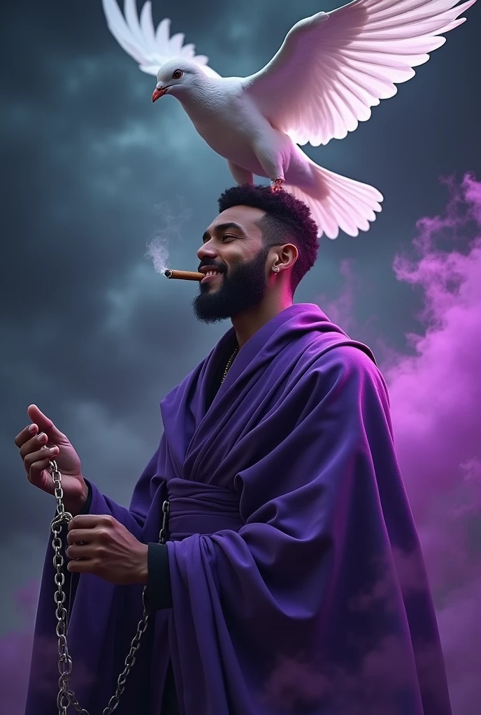create the image of a purple-dressed dove protecting a young, bearded, feminine man. The face of the Pomba Gira radiates power and intimidation, while holding your cigarillo, Let loose your laughter,  and with the other hand he holds a shiny steel chain where evil souls are imprisoned. The young man's face is androgynous and he is homosexual