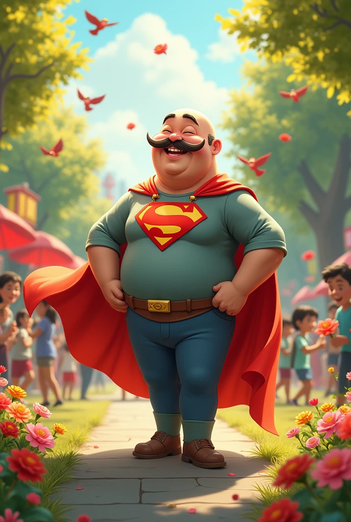Bald, overweight Chinese man with a mustache and a superhero cape