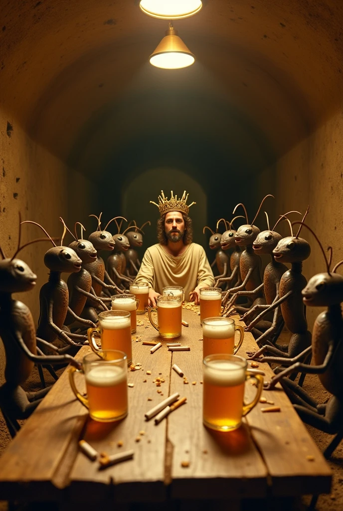 do like the original Last Supper, with Jesus and the twelve apostles, but instead of being humans, Make them like ants, put them at the table with beer and cigarettes