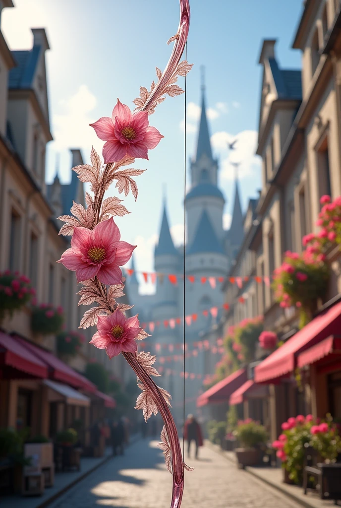 Draw a longbow, known as the glass arch, magical with pink and floral details. In the background a beautiful medieval city in the style of Paris. 8k, epic
