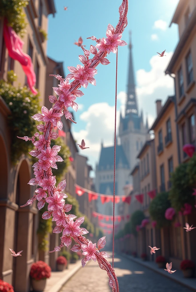 Draw a longbow, known as the glass arch, magical with pink and floral details. In the background a beautiful medieval city in the style of Paris. 8k, epic