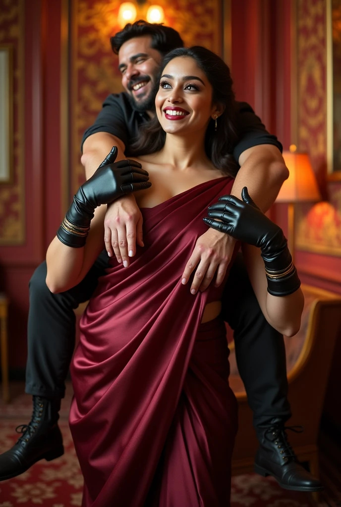 Create a realistic photograph of a smiling and beautiful indian actress in maroon satin carrying a large stout man on her shoulders in a room, man is sitting on top of her shoulders , man on top, woman at bottom , woman is wearing black gloves 