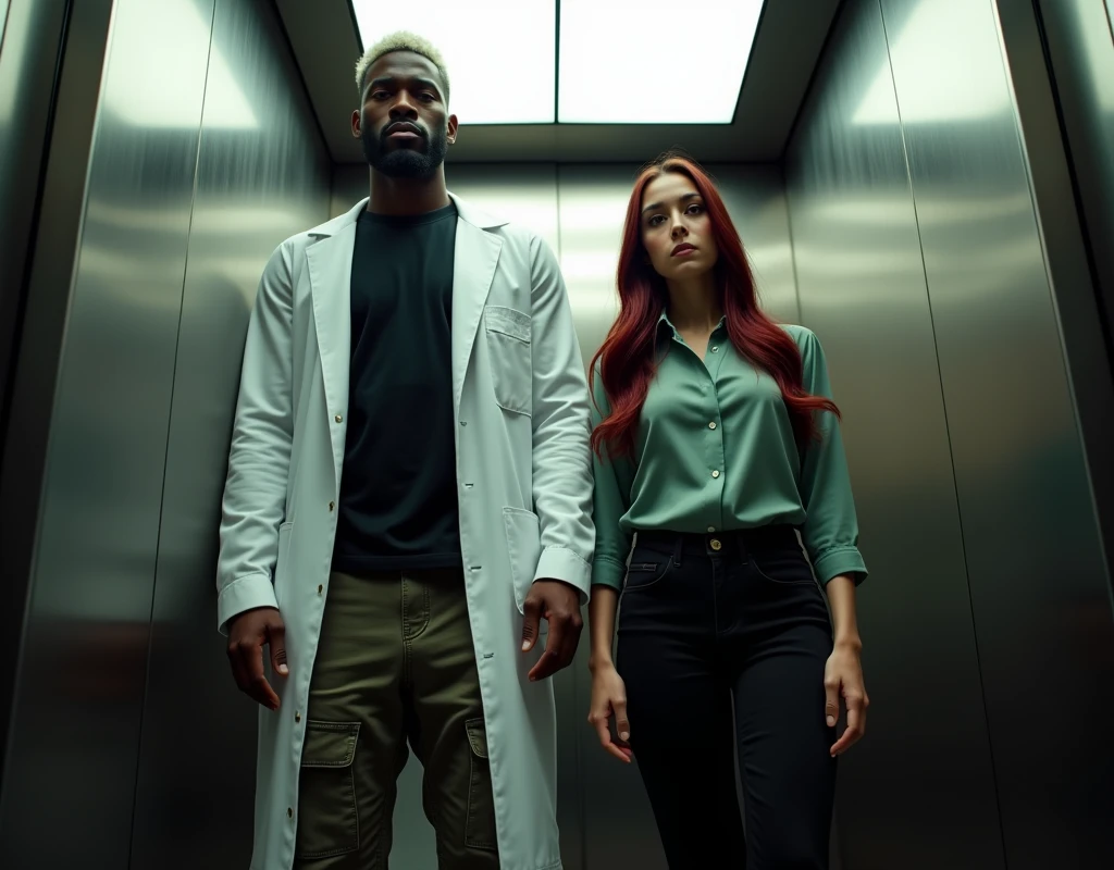 A platinum blond wavy swept-back crew cut, attractive Arab man extremely tall (216cm) dark skin, long black stubble wears a white lab coat, black t-shirt, black cargo pants, black boots. He's standing inside elevator to the side of a very short (170cm) young Caucasian woman with a wary expression and vibrant maroon side-parted long wavy layered hair. She's wearing soft green silk work blouse, low-rise black pants and black boots. Both of them are looking forward. Cinematic lighting.