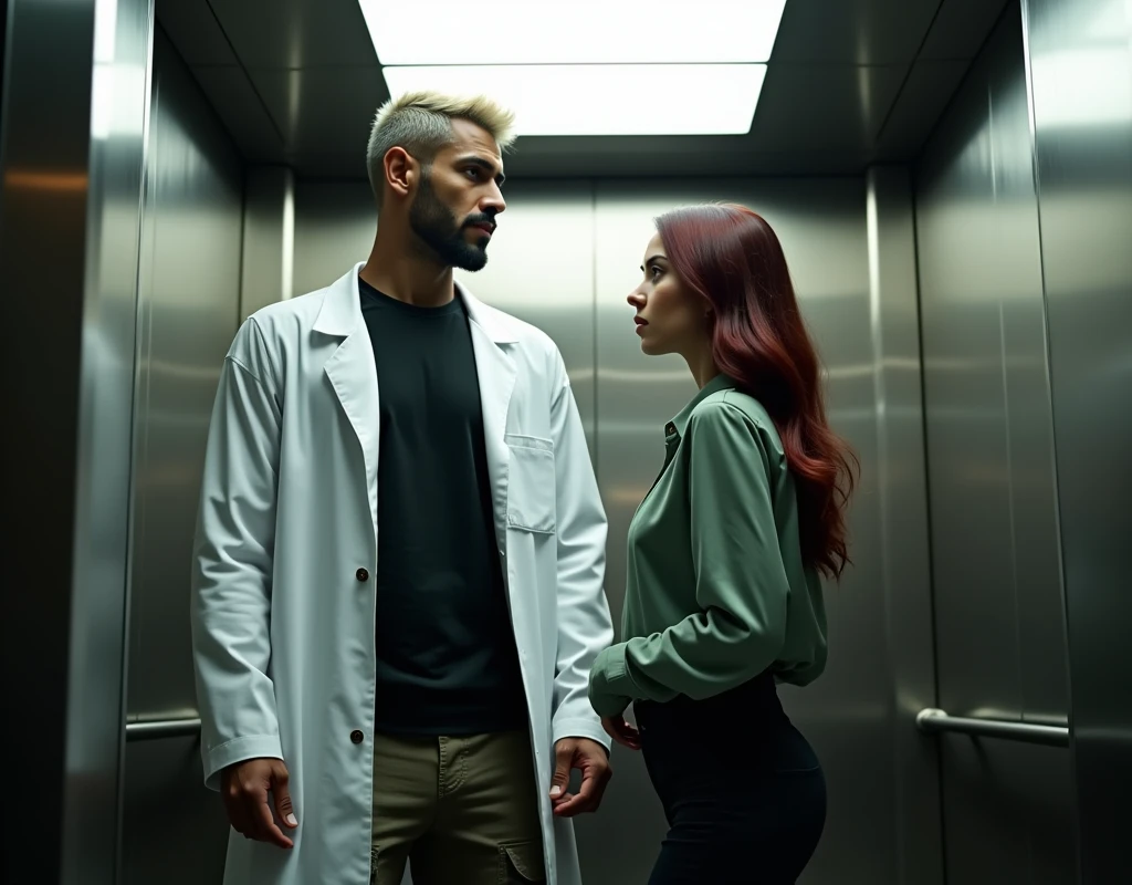 A platinum blond wavy swept-back crew cut, attractive Arab man extremely tall (216cm) dark skin, long black stubble wears a white lab coat, black t-shirt, black cargo pants, black boots. He's standing inside elevator to the side of a very short (170cm) young Caucasian woman with a wary expression and vibrant maroon side-parted long wavy layered hair. She's wearing soft green silk work blouse, low-rise black pants and black boots. Both of them are looking forward. Cinematic lighting.