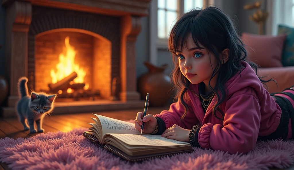 A beautiful young e-girl, wearing tennis allstar headphones and stylish clothing in pink and black, is writing in a notebook. The scene is set in a cozy room with a warm, crackling fireplace. A curious kitten with one eye of each color is sitting nearby, watching intently as she writes. The image should be of high quality, a work of art, and highly detailed, streaked hair, modern, vanishing point, wide shot, wide shot, vanishing point, wide shot, UHD, masterpiece, super detail