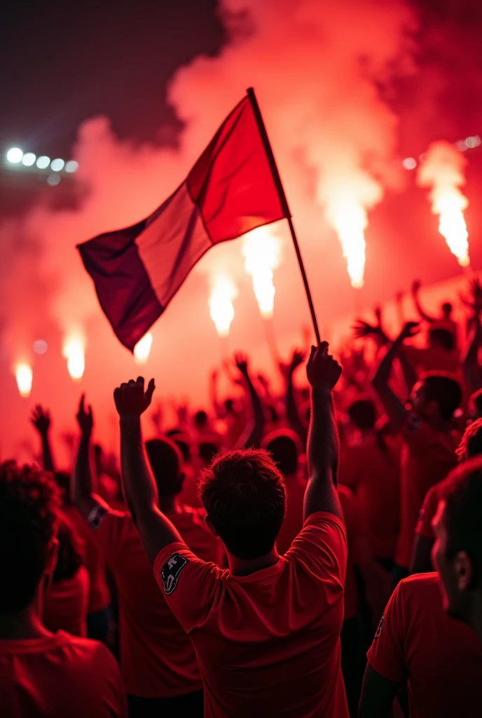 Tricolor fans in the stadium with red flares, whites and blacks
