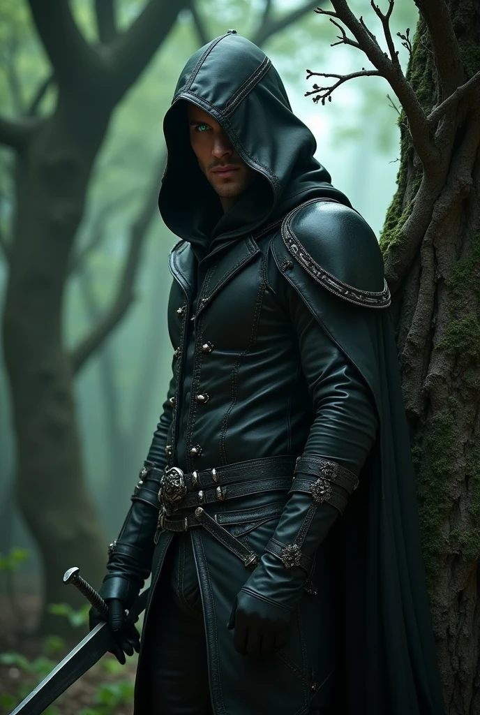 Create a rogue elven male stealth assassin, with a black hooded leather outfit