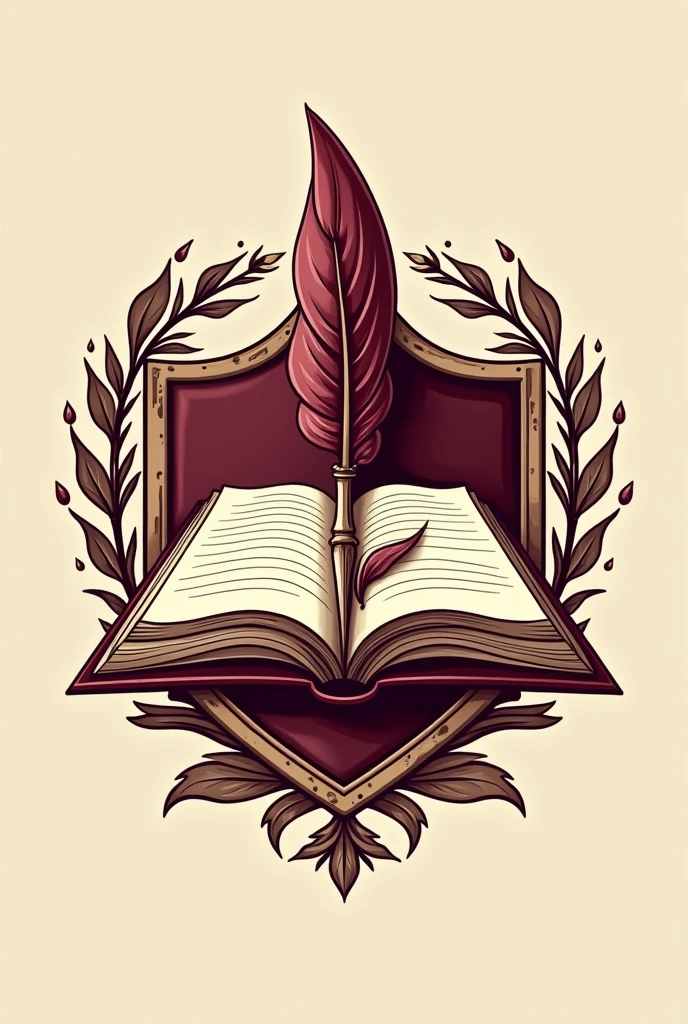 Please design a logo inspired by English literature. The logo should feature elements such as a classic book, a quill or pen, and perhaps an emblematic symbol like a shield or crest. Incorporate subtle details that evoke the essence of literary tradition and historical significance. The design should blend these elements harmoniously, reflecting the richness and depth of English literary heritage."
