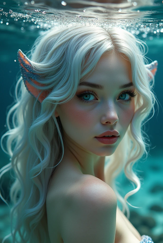 A mermaid with defined features; soft jawline, big Italian nose. Large eyes with marble-white pupils, pale porcelain skin and full, reddish lips and long, wavy silver hair. She has fins in place of ears and scales near the fins. Focusing only on the woman's face as described.
