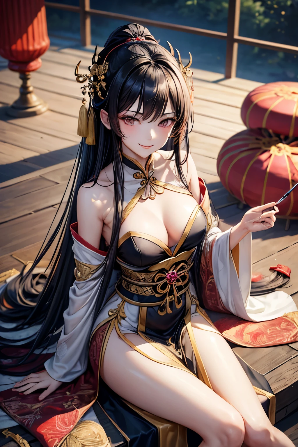1 girl, Age 28, Chinese girl, She has long, straight black hair, Golden eyes and a cruel glint. She wore a purple hanfu adorned with gold.. A cold demeanor, Sitting on the throne with great grandeur, imagination, , naturally, , Highest quality, skin texture, complicated details, (movie light), raw photos, 8ก,Very detailed,ภาพประกอบที่มีรายVery detailed,มีรายVery detailed,complicated details,height,complicated detailsมาก,มีรายVery detailed 8ก cg wallpaper (Masterpiece, best quality:1.2),Dress conservatively:1.3), Delicate and beautiful face, mature, evil smile, Long legs, Slender legs, (Slender legsยาว:1.2), Barefoot, (Ink stains) beautiful figure painting, Clothing ink style, traditional Chinese painting, Bismuth squid, from above, Masterpiece, Highly detailed