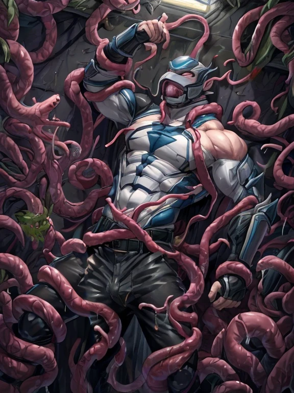 Superhero, hero, strong and robust male, Armor, Tentacle entanglement, uniform, Binding hands togethe, Foreign object invasion, monster breeding, wet, slime, tentacles, slimy tentacles, monster and human breeding, Tentacles wrapped around the body, Insert tentacles into the body, Blocked mouth by tentacles, Both hands are bound, The reproductive organs are covered in tentacles, The chest was torn apart by tentacles, Tentacles penetrate deep into clothes, Wearing pants completely, Complete wearing of trousers, Complete wearing of trousers, Do not expose the reproductive organs