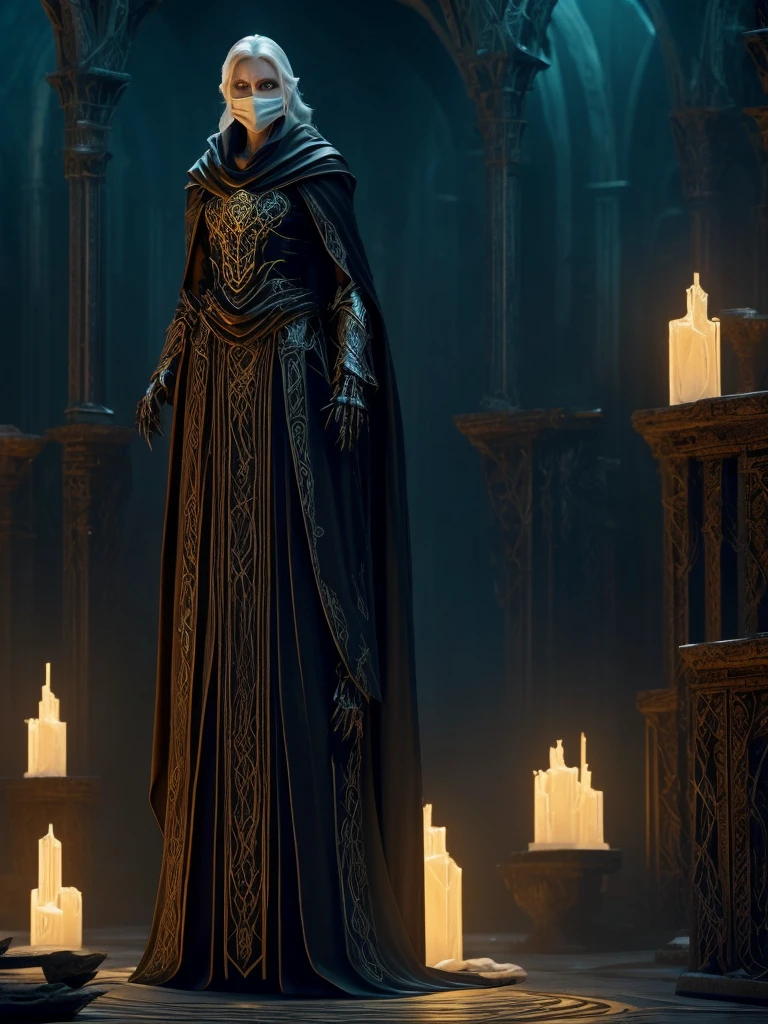 A Moira, a Weaver of Fate, They appear as a monstrous, non-human woman with an ancient and skeletal appearance., She wears a white mask. Her skin is wrinkled and pale, marked by dark veins that speak of an ancient power. She is enveloped in long black robes, undulating like living shadows, adorned with arcane sigils that glow with a faint silvery light.
In your skeletal hands, hold black and gold threads, thin as silk, each representing the life of a living being. Their eyes, a penetrating yellow, see through the veil of time and fate, loaded with ancient and disturbing wisdom.
The Moira reside in a timeless space, maybe a cave or a stone room, illuminated only by the sigils on their cloaks and the ethereal glow of the threads they weave. The surrounding atmosphere is thick and palpable, impregnated by the constant presence of inevitable fate.