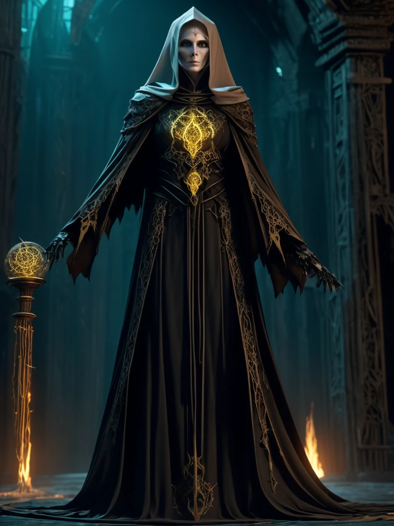 A Moira, a Weaver of Fate, They appear as a monstrous, non-human woman with an ancient and skeletal appearance., She wears a white mask. Her skin is wrinkled and pale, marked by dark veins that speak of an ancient power. She is enveloped in long black robes, undulating like living shadows, adorned with arcane sigils that glow with a faint silvery light.
In your skeletal hands, hold black and gold threads, thin as silk, each representing the life of a living being. Their eyes, a penetrating yellow, see through the veil of time and fate, loaded with ancient and disturbing wisdom.
The Moira reside in a timeless space, maybe a cave or a stone room, illuminated only by the sigils on their cloaks and the ethereal glow of the threads they weave. The surrounding atmosphere is thick and palpable, impregnated by the constant presence of inevitable fate.