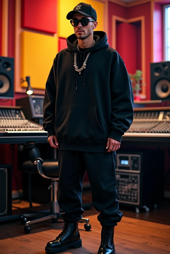(photorealism:1.2) a 35 years old light brunette guy, fitness, wearing streetwear, balenciaga, all black, hoodie on the head, wide jacket, oversized clothes, black cap, black sunglasses, black nails, boots, chains, background is a music studio,