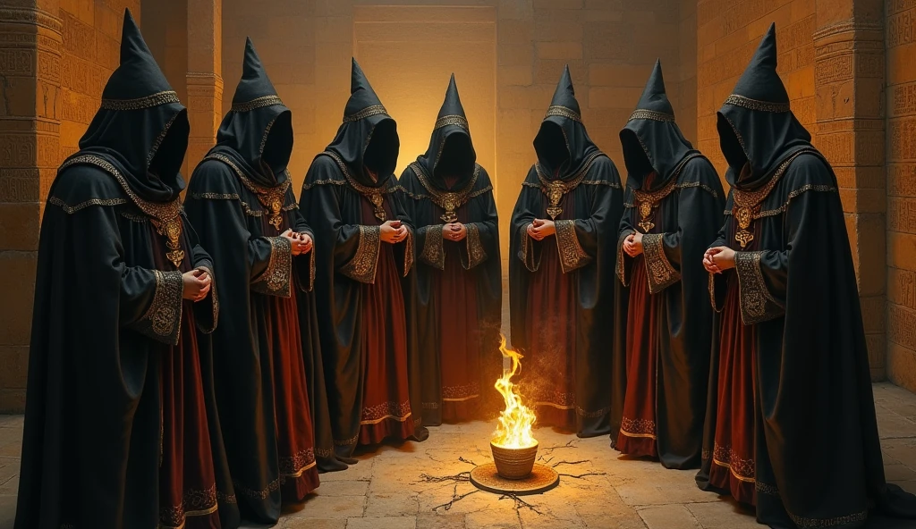 (oil painting) Babylonian priests, Wise men and witches gathered in the darkness, the shadow hides their faces