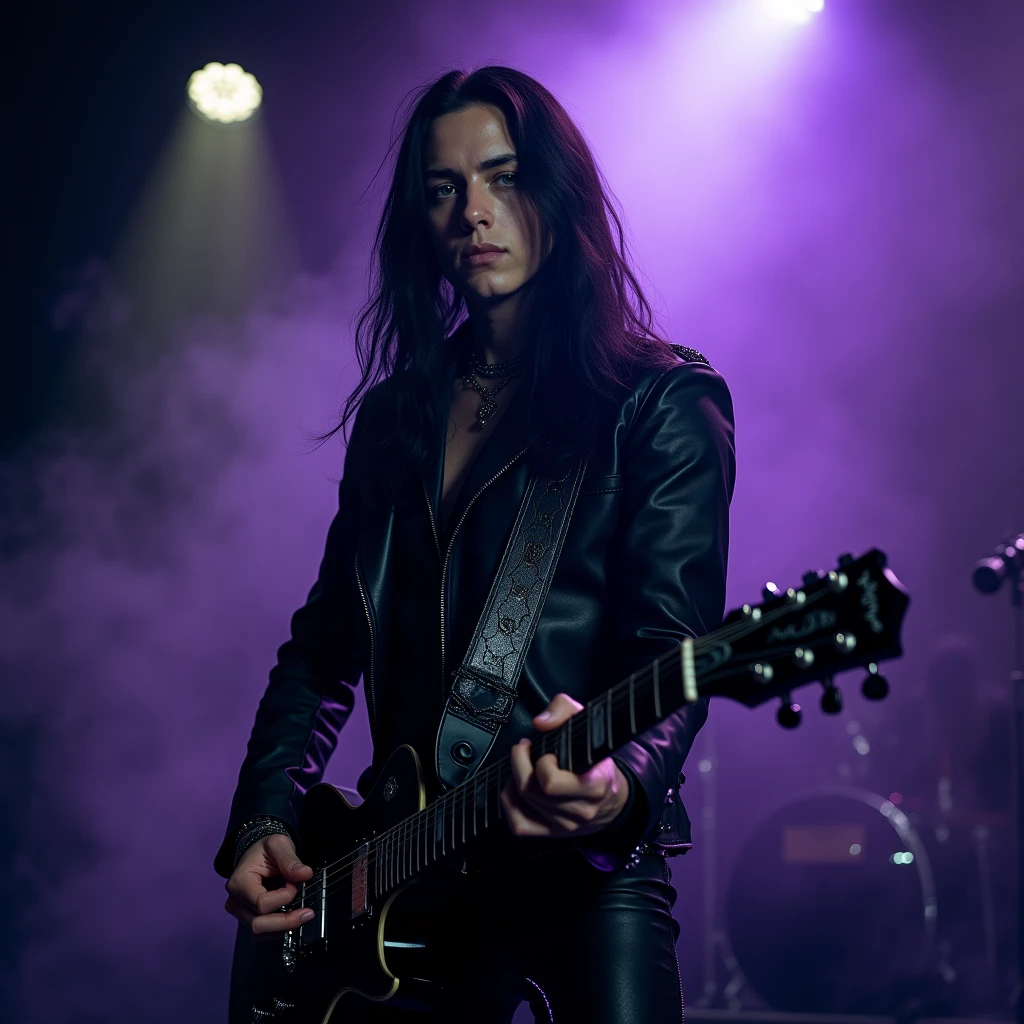 A sexy young male, with long black hair, teal blue eyes, long eyelashes, and delicate and pretty, handsome features. Dressed in all gothic clothes. In a metal band, singing and playing electric guitar. (No facial or body hair) seductive, pretty. The overall look is very erotic. His skin is pale and white. (((Gothic style))) (((Halloween))) ((Best quality)), ((masterpiece)), 8k (detailed), ((perfect face)) ((fullbody)), perfect proportions. (((No facial hair))) ((no body hair)) (((young handsome boy))) (((purple and black)))