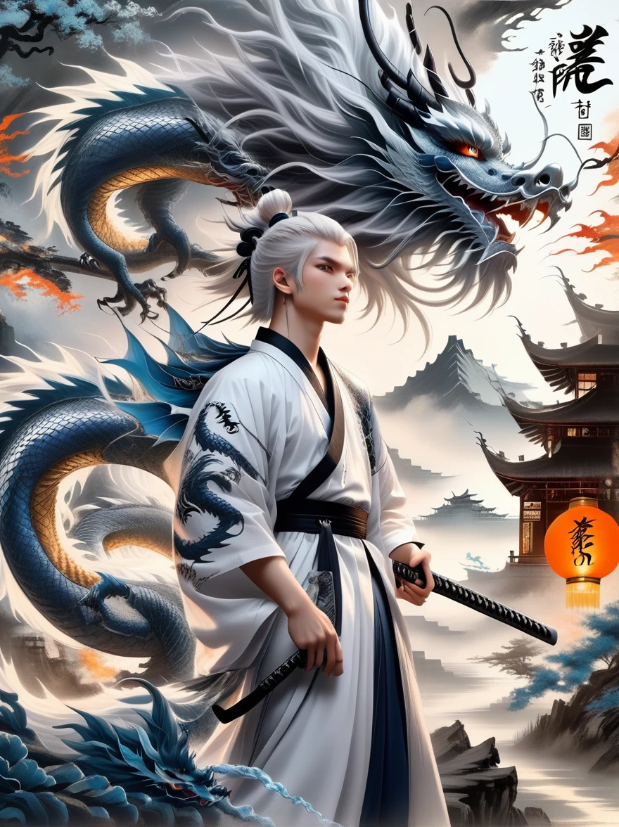 A boy holding a weapon, standing sideways, has white hair, wears a kimono, shows off his left shoulder, and has a tattoo of a dragon logo. Focus on the left shoulder. Realistic drawing effects Silver Dragon Fractal + Spiral Ancient Castle Background Experience the matching of the 12 zodiac signs in an immersive UHD "anime" universe.