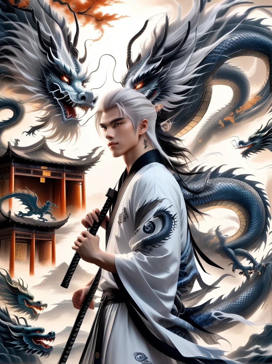 A boy holding a weapon, standing sideways, has white hair, wears a kimono, shows off his left shoulder, and has a tattoo of a dragon logo. Focus on the left shoulder. Realistic drawing effects Silver Dragon Fractal + Spiral Ancient Castle Background Experience the matching of the 12 zodiac signs in an immersive UHD "anime" universe.