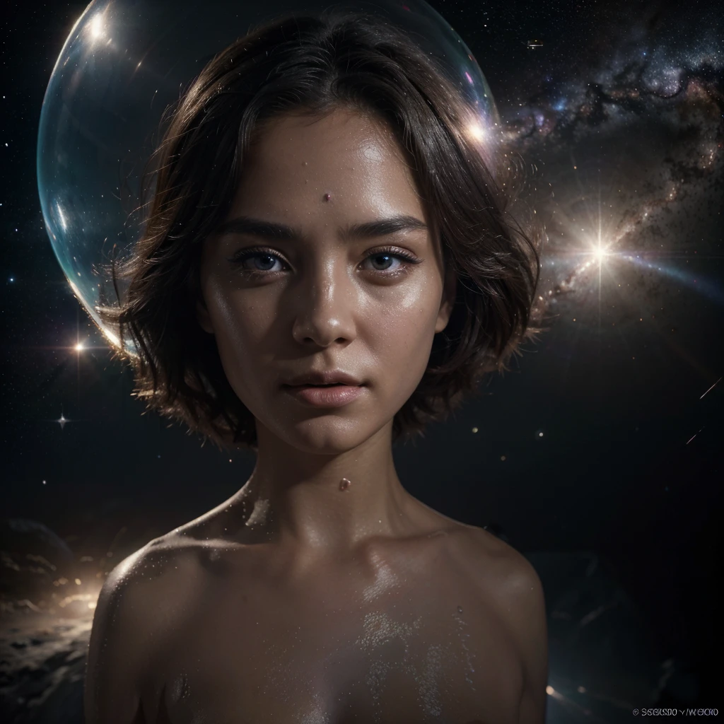a naked girl with a completely mirror-like skin cavity inside a soapy rainbow bubble against a background of planets, spaceships and satellites in space, (best quality,4k,8k,highres,masterpiece:1.2),ultra-detailed,(realistic,photorealistic,photo-realistic:1.37),hyper detailed skin, extremely intricate details, flawless skin, highly reflective, iridescent soap bubble, nebula, distant galaxies, stars, cinematic lighting, dramatic lighting