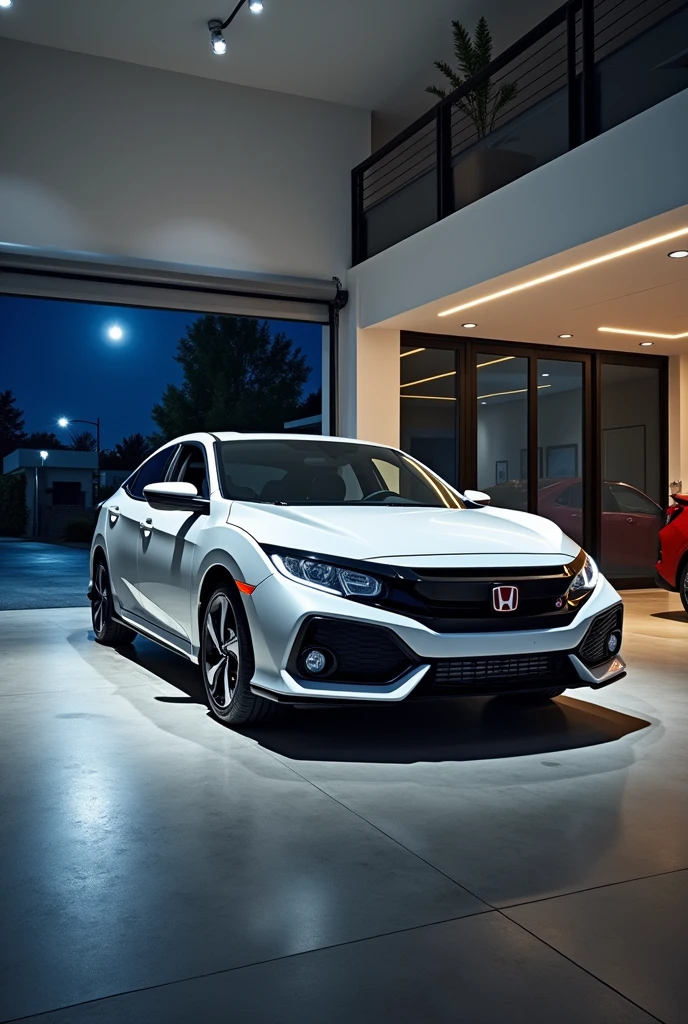 2020 Honda Civic, white in color, parked in a luxurious house garage with a street view at night