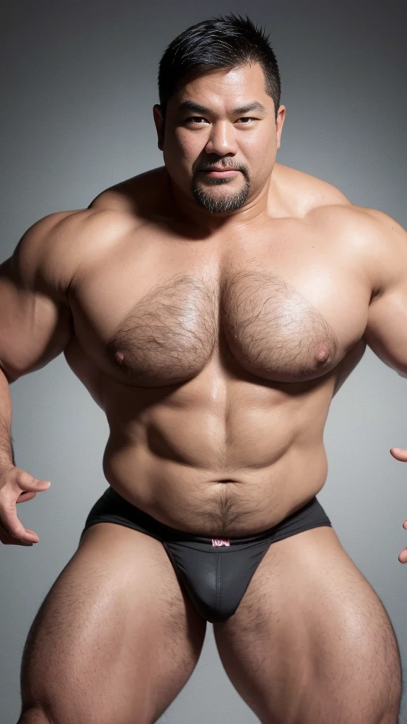 black hair, middle-aged man, individual, male, Muscular wrestler, muscular, Stout wrestler, Asian, Japanese, uncle, 55 year old middle-aged man, short hair, short hair, white wrestling boots, full body portrait, shadow, Vision, white briefs, obesity, 45 years old, short beard, middle-aged man, tattoo, fingerless gloves, Wheat skin, shiny skin, dark skin, Show your pectoral muscles, sumo wrestler, bodybuilder, wide temples, Visible abdominal muscles, Smile, Fine hands, solid color background, pure white background, Surrealism, Panorama, 8k, super detail,