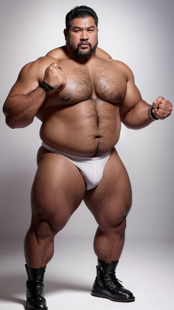 black hair, middle-aged man, individual, male, Muscular wrestler, muscular, Stout wrestler, Asian, Japanese, uncle, 55 year old middle-aged man, short hair, short hair, white wrestling boots, full body portrait, shadow, Vision, white briefs, obesity, 45 years old, short beard, middle-aged man, tattoo, fingerless gloves, Wheat skin, shiny skin, dark skin, Show your pectoral muscles, sumo wrestler, bodybuilder, wide temples, Visible abdominal muscles, Smile, Fine hands, solid color background, pure white background, Surrealism, Panorama, 8k, super detail，