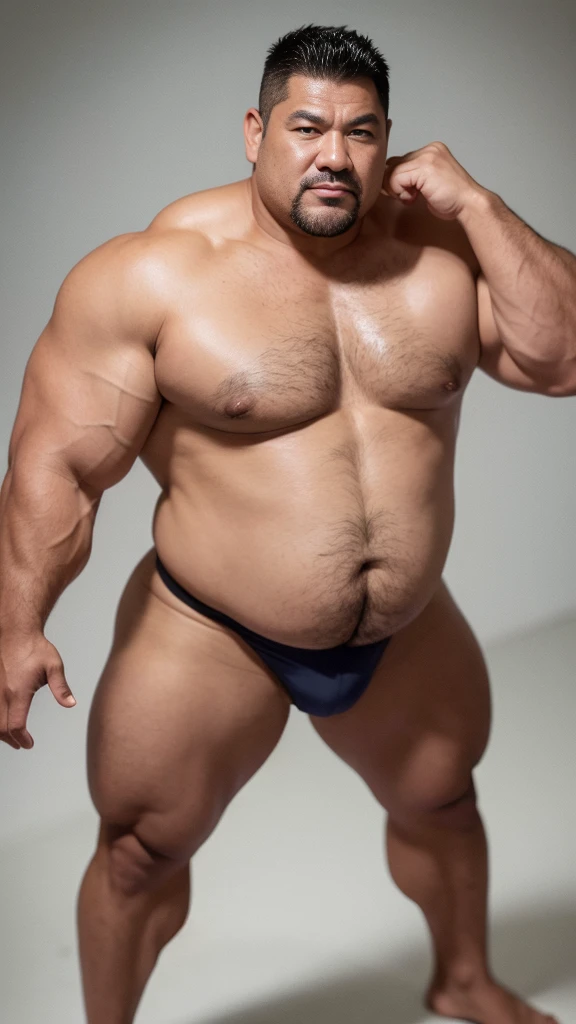 black hair, middle-aged man, individual, male, Muscular wrestler, muscular, Stout wrestler, Asian, Japanese, uncle, 55 year old middle-aged man, short hair, short hair, white wrestling boots, full body portrait, shadow, Vision, white briefs, obesity, 45 years old, short beard, middle-aged man, tattoo, fingerless gloves, Wheat skin, shiny skin, dark skin, Show your pectoral muscles, sumo wrestler, bodybuilder, wide temples, Visible abdominal muscles, Smile, Fine hands, solid color background, pure white background, Surrealism, Panorama, 8k, super detail,