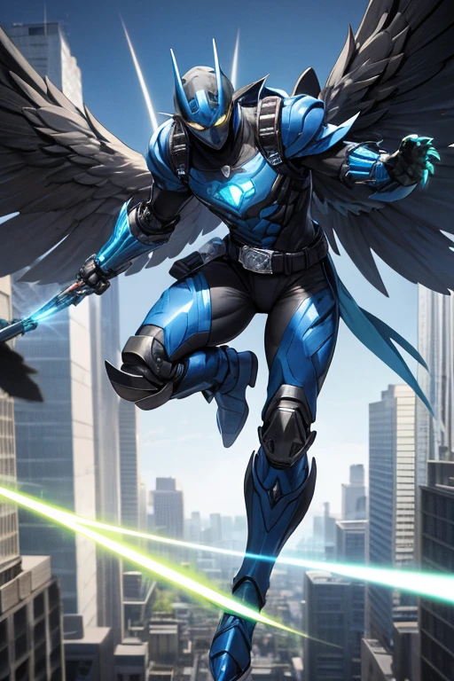 ((best quality)), ((masterpiece)), (detailed), 1 male, full body, 25 years old, blue head, uncovered mouth, blue biker helmet, black beak, black collar, tall, thin, metallic wings, wings on his suit, black fingerless gloves, blue wrist guards, luminous blue wings that shoot lasers, blue suit resembling light armor, blue suit with an emblem, completely green chest, emblem on his chest, green pants, deployable bird tail, grey knee pads, metallic grey boots, metallic bird claws, black superhero belt, flying through the city, high noon city background, anime