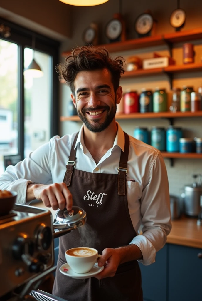 un bartender q este preparando un cafe y q en el mandil diga steff coffe