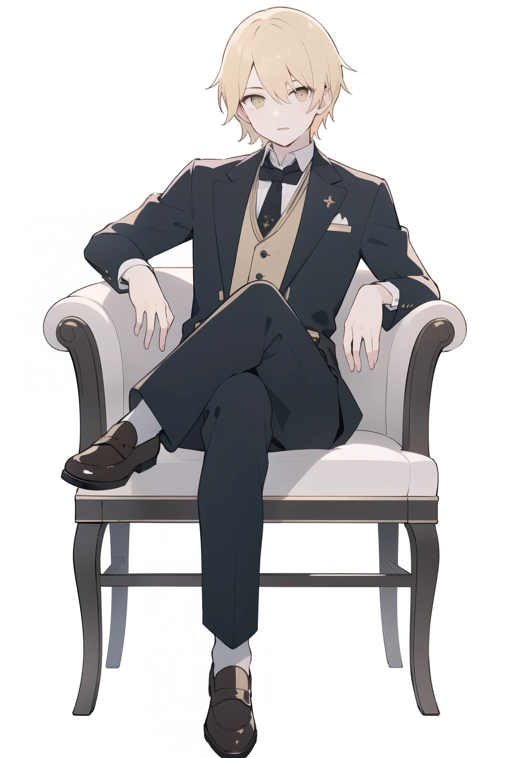 (best quality), (masterpiece), (Detailed lighting),(Extremely refined), (White background:1.4), A young man, Western knight noble clothing，Blonde short hair，Golden Eyes，sit on the chair，Cross your legs，The corners of the mouth slightly raised，front Photo，full-body shot，Correct anatomy